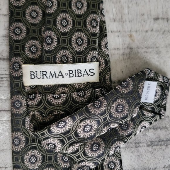 Burma Bibas Black and Sage Green Print Silk Tie 60 x 3.5 - Picture 6 of 10